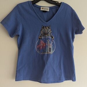 Vtg 90s Y2K Cat Grandma Core Bedazzled Shirt